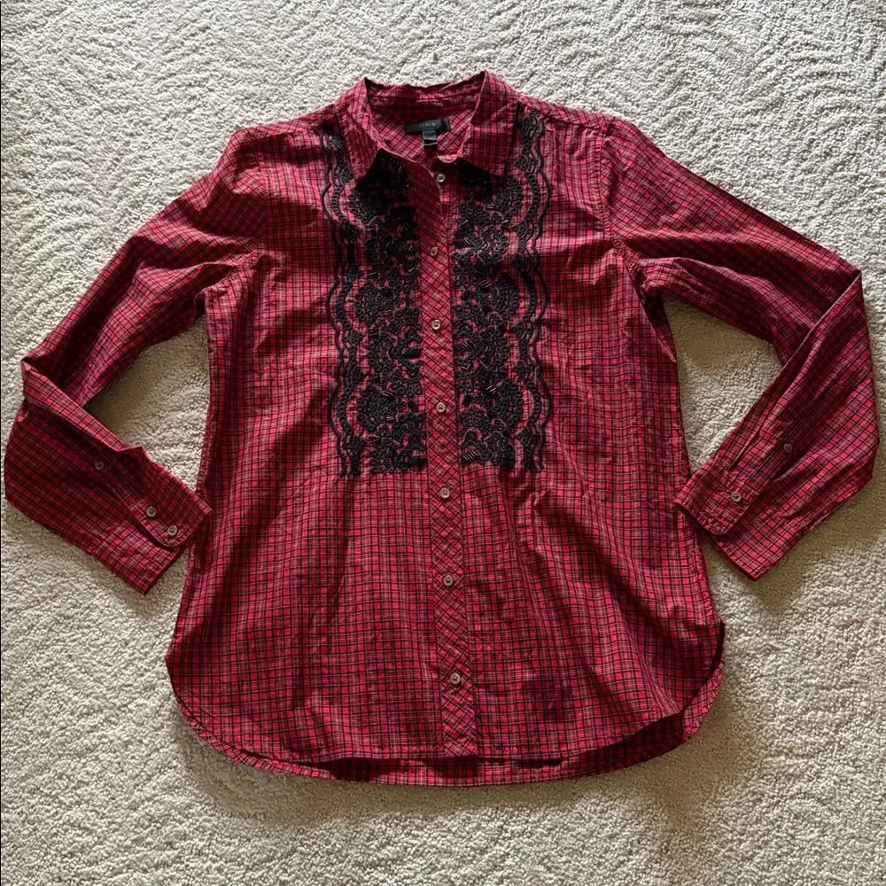 J. Crew Red and Black Plaid Shirt with Beaded Embroidery Size 8